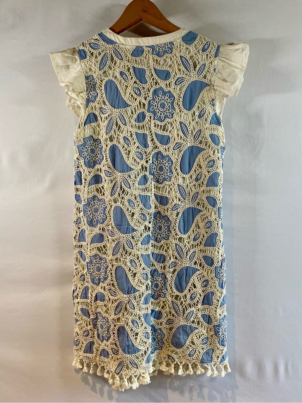 VOY Slate Blue Knit Fit and Flare Dress Cream Lace Crochet Overlay, Size L - Picture 2 of 8